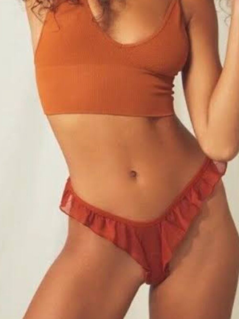 NWT We are Hah Free People Fly Girl Mesh Thong Panty Ruffle Burnt Orange